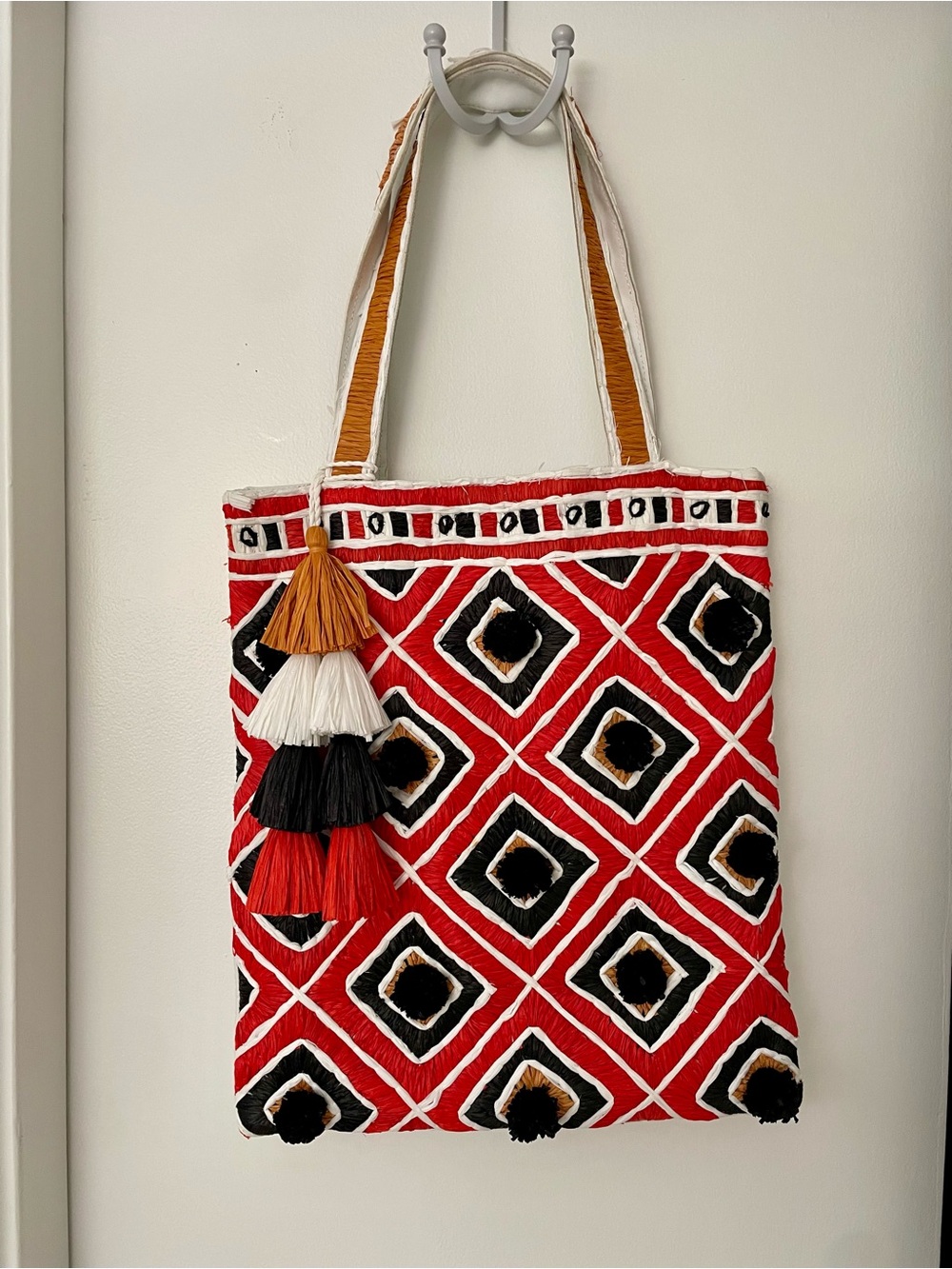 IbBan - Red Black White Raffia Tote with Tassel Accent